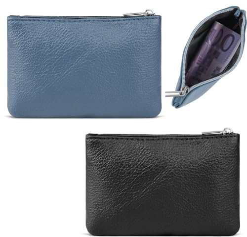 2 Stück Kleines Portemonnaie für Damen, Leder Mini Geldbörse, Klein Portemonnaie Coin Purse Münzgeldbörse Mini Geldbeutel, Münzbeutel Schlüsseletui Woman (Schwarz + Blau)