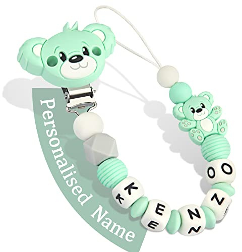 Yolnkos Attache Sucette Nom Personnalisé Prenom Teddy Ours Tetine Clips Chaîne pour Bébé Filles Garçons(Vert)