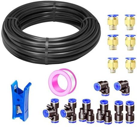 HAXIHA 10 Metros Manguera Neumática 12mm OD/8mm ID,Negro Tubo Aire Comprimido Poliuretano PU Manguera de Aire Tubo Kit,Conexión Rápida de Tuberías de Aire 32.8ft con 14 piezas Guarniciones Neumaticas