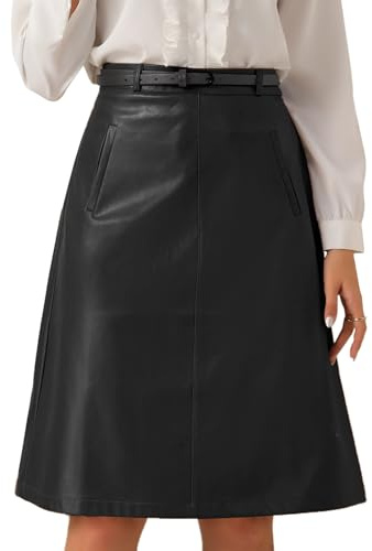 Allegra K Faux Leather Skirts for Women 2026 High Waisted A-Line Elegant Dressy Casual PU Midi Skirt with Belt X-Small Black
