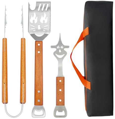 HYSHLC Grillbesteck 3-Set, BBQ Set INKL Grillzange Grillwender Grillgabel, Multifunktionales Grill Zubehör Grillwerkzeug personalisiert aus Edelstahl mit Flaschenöffner, Grillgeschenke für Mann