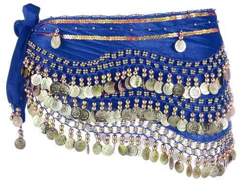 sourcing map Belly Dance Hip Scarf 59x11, 1 Pack Women's Belly Dance Costume Skirt Wrap with 248 Gold Coin for Dance or Yoga Class, Dark Blue