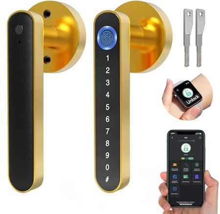 Dhiedas Smart Door Lock, 5-in-1 Indoor Electronic Fingerprint Keyboard Password Bluetooth Door Handle Lock with Keys for Home Bedroom Hotel Office Apartment (Gold)