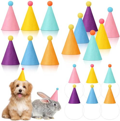 Halloscume 24 Pcs Mini Party Hat for Stuffed Animal Birthday Dolls Dog Cat Rabbit Felt Cone Hat Puppies with Pom(Macaroon)