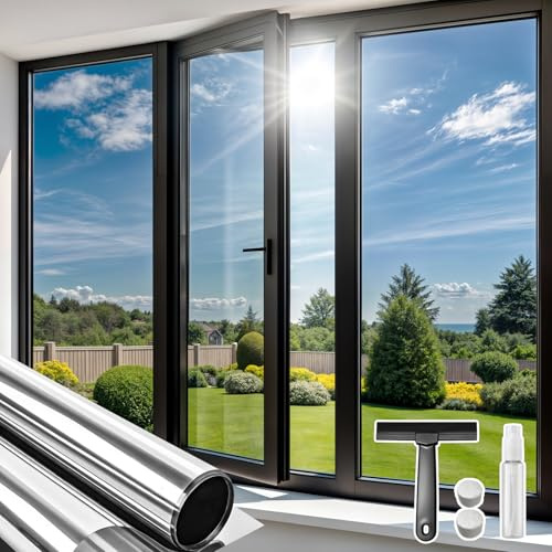 Qualsen Vinilos para Cristales Vinilo Espejo para Ventanas Privacidad, Lamina Solar Anti UV Película Térmica Control de Calor de Unidireccional para Hogar Oficina (Plateado-Plateado, 75x400cm)