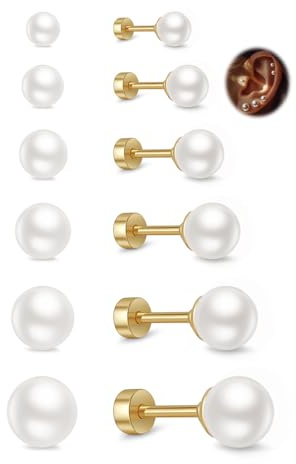 ABPBA Pendientes Perla Mujer, 6 Pares Pendientes Perlas Hipoalergénicos Cierre Plano 4-9MM, Pendiente Acero Inoxidable Quirúrgico Mujer Múltiples Piercings