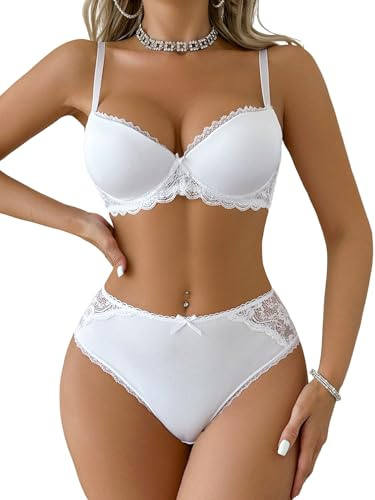 GORGLITTER BHS Femmes avec armatures Push Up Seins Classique Dentelle Ensemble de sous-vêtements confortables Soutien-gorge balconnet Lingerie Ensemble Braquette et Slip Push Up, Blanc., M