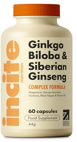 Incite Nutrition Complejo de Ginkgo Biloba + Ginseng Siberiano. 60 Cápsulas. Soporte Cognitivo, Refuerzo de la Energía y Potenciación del Foco. Nootrópico y Adaptógeno. Apto Vegetarianos y Veganos
