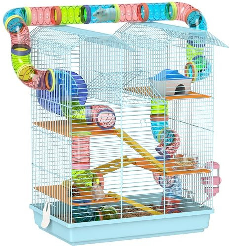 PawHut Jaula para Hámster de 5 Niveles, 47x30x59 cm, Casa para Animales Pequeños con Túnel, Comedero, Bebedero, Casita, Rueda de Ejercicio, Escaleras, para Ratas y Jerbos, Azul Claro