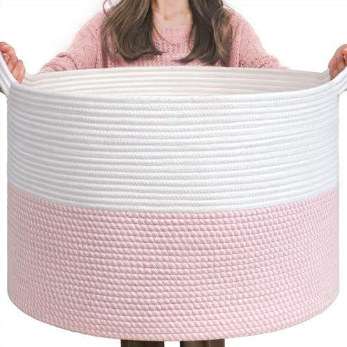 TIMEYARD 85L Large Cotton Rope Blanket Basket Toy Storage Basket Pink | 55x35cm Baby Laundry Basket for Toys, Blankets and Baby Items. Decorative Storage for Nursery, Bedroom and Living Room