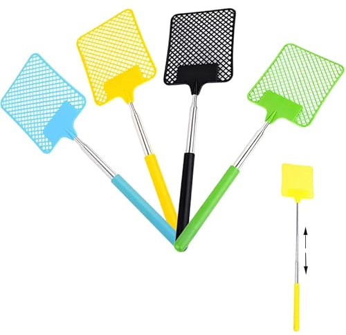 4 Pièces Tapettes à Mouches Extensible, Portable Tapettes Anti Moustique Tapetteà Mouche Main Tue Mouche avec Poignée Télescopique en Acier Inoxydable pour Les Mouches Les Moustiques et Les Insectes