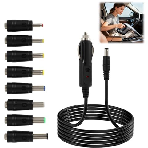 Cargador de Coche 12V, 100cm Cable Encendedor Cigarrillos, Adaptador Universal 5,5 x 2,1mm para Coche, Cable de Alimentación con 8 Conectores para Reproductores de DVD, GPS, Cámaras, TV, Tabletas, Más