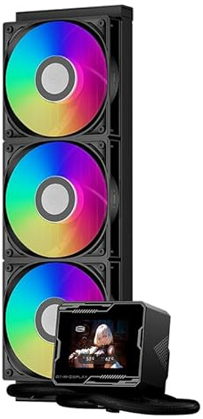 PCCOOLER Liquid CPU Cooler ARGB Display, 360mm AIO with 2.8-Inch LCD Screen, Ceramic Bearing Pump, 3×120mm ARGB PWM Fans, Aluminum Radiator, Intel LGA 1851/1700 & AMD AM5 Compatible(GT360M Black)