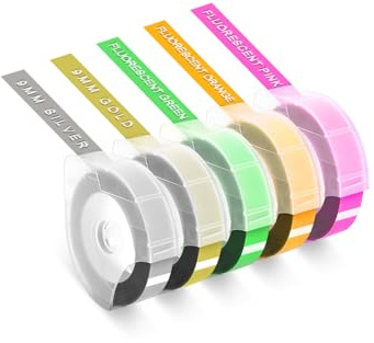 Label Tape 9mm for Dymo Embossing Label Maker for Dymo Omega Home Embossing Junior Embossed Strong Adhesion Label Maker Tape for Home Office and DIY Crafting, White on Silver/Gold/Orange/Green/Pink