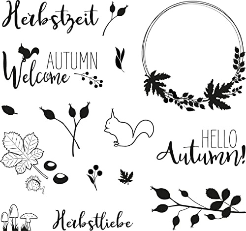 Rayher Clear Stamps höstskog, bågstorlek 102,5 x 97 mm, 4 texter och 10 motiv, genomskinliga, transparenta stämplar, genomskinliga, silikonstämpel höst, 50265000