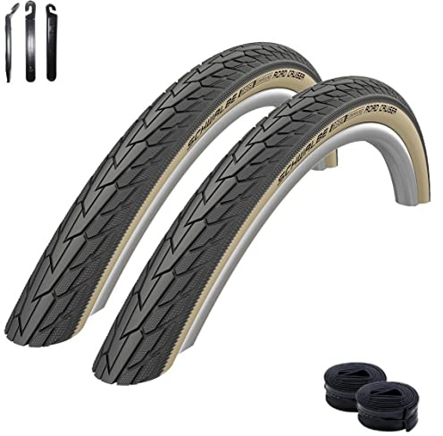 2 x Schwalbe RoadCruiser K-Guard HS 484 Fahrradreifen schwarz/gumwall 37-622 (28,0 x 1,40) + 2 Schwalbe DV17 Schläuche inkl. Reifenheber