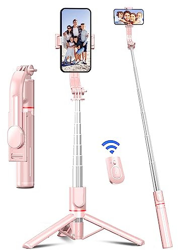 Palo Selfie Trípode, 106cm Trípode Estable Reforzadode de Aleación de Aluminio, Extensible Selfie Stick Móvil con Control Remoto Desmontable Compatible con iPhone/Samsung/Huawei, etc. (Rosa)