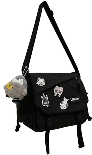 Inshere Aesthetic Crossbody Bag with Cute Pins and Ornament, Casual Shoulder Messenger Bag Japanese Kawaii Bag for Women Men (Black)
