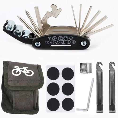 Quixotical 16-in-1 Fahrradwerkzeug Set, Reparatur Kit mit Reifenheber, Klebstofffreien Reifenflicken, Sechskantschlüssel, Reifenraspel, Tragbare Tasche für Mountainbike Notfälle