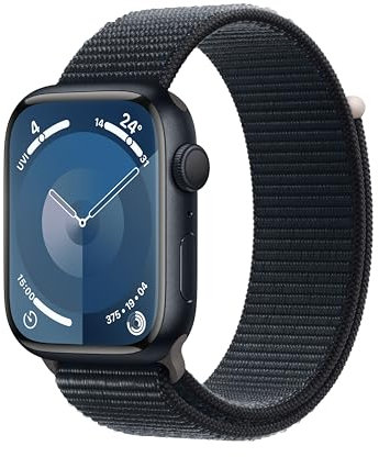 Apple Watch Series 9 (45 mm GPS) Smartwatch avec boîtier en aluminium et Boucle Sport minuit. Suivi de l’activité physique, apps Oxygène sanguin et ECG, écran Retina toujours activé, neutre en carbone