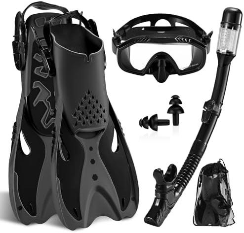 SenDeluz Snorkel Set for Adults, Travel Snorkel Set with Adjustable Swim Fins, Panoramic View Anti-Fog Mask,Dry Top Snorkel and Gear Bag for Swimming Training, Snorkeling Kit Diving Packages