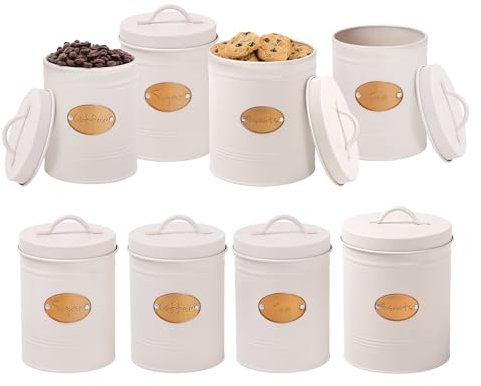 DANIEL JAMES Housewares Kitchen Canister Set Cream, 4 Piece Airtight Storage Tins, Tea, Coffee, Sugar & Biscuits, Round Kitchen Storage Canister Jars Tin, Cream