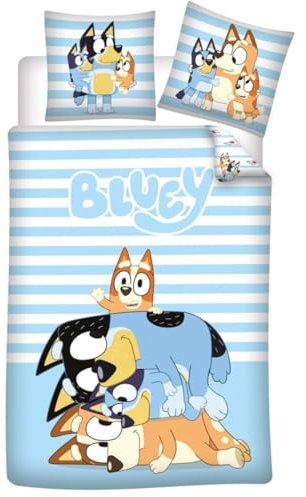 Aymax Bluey And Family - Juego de ropa de cama reversible suave, 100 % algodón, funda de edredón y almohada para niños, 135 x 200 cm + 48 x 74 cm