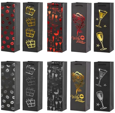 10 Pz Bolsas de Regalo para Botellas de Vino, Paper Wine Gift Bags, Bolsas de Embalaje de Regalo de Vino, Bolsas de Papel para Botellas de Champán, Bolsas de Almacenamiento de Vino Premium, 5 Diseños