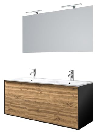 AQA DESIGN Mobile Bagno IGEA in Melaminico, 4 Pezzi, Base Sospesa 120 cm con Fianchi Neri, 2 Cassetti Soft Close, Lavabo in Ceramica con Doppia Vasca, Specchio e Lampada LED, Made in Italy (Rovere)