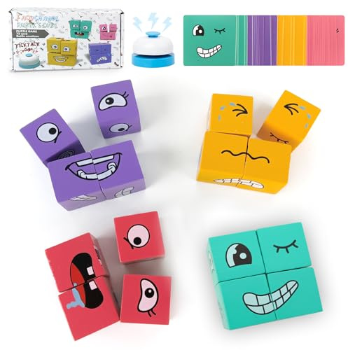 Audasi Cube magique en Bois à Visage Changeant Cube Magique 3D Avec Changement de Visage Cube D'expression Casse-tête Blocs de Construction Casse-tête Educatif Jeux de Société avec Cloche et Carte