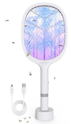BeauFIvv Raquette Electrique Insectes: 4800V Tapette à Raquette Moustique Electrique avec piège à UV, 2 en 1 USB avec Batterie Rechargeable Tapette à Raquette Electrique