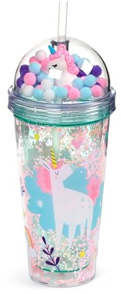 Puckator Unicorn Magic Double Walled Cup & Straw with Charms - Insulated Tumbler - Cups with Lids and Straws for Adults Children - Travel Thermal Cup with Straw - Water Bottles with Staw