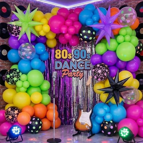 190Pcs Rainbow Disco Balloon Garland Arch Kit with Neon Luminous Fluorescent Balloons, Neon Balloons Glow in the Dark Party Decorations for Back to 80s 90s Birthday Disco Party Supplies