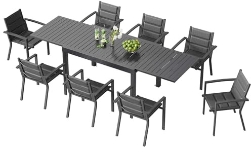 TRIUMPHKEY Set Tavolo e Sedie da Giardino per 8 Persone con Tavolo e Sedie da Esterno Allungabile (130-260 cm) e 8 Sedie Impilabili in Alluminio - Set per Terrazzo e Giardino, Grigio scuro