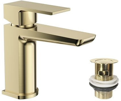 VeeBath Lagoon - Miscelatore per lavabo quadrato morbido con scarico pop-up, finitura moderna in ottone spazzolato, comando a leva singola, ingresso BSP G1/2, rubinetti da bagno a ponte, rubinetti