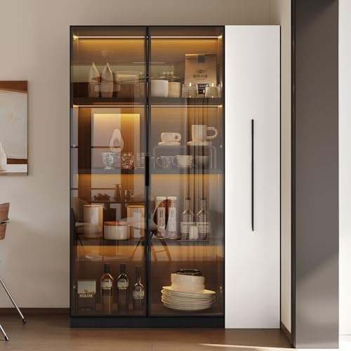 FAYICIC Armario multifunción 110,5 × 35 × 160 cm – Vitrina con Puerta de Cristal y LED, Puerta Lateral, Armario con Ruedas, Color Blanco y Negro, Armario Alto, estantería, baño, Comedor