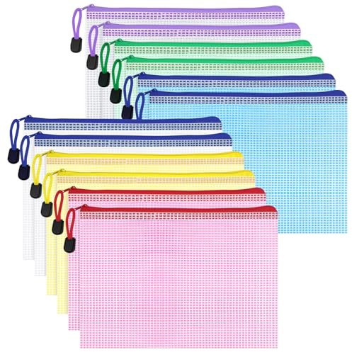 WISYOK A5 Plastic Wallets Zip, 12pcs, 23.5x16.5cm, 6 Colours, Colourful | Zip Lock Bags Mesh, Zipper File Bags, Document Wallets, Plastic Folders for Office, School, Travel, Home