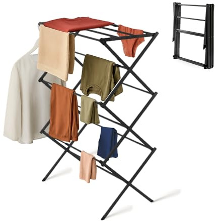 Straame 3-Tier Expandable Clothes Airer Indoor Outdoor – Slimline Drying Rack (Expanded:71×37×103 cm, Folded: 51×43×9 cm), 10 kg Capacity, Rust-Resistant, Non-Slip Feet, Heavy-Duty Design (Black)