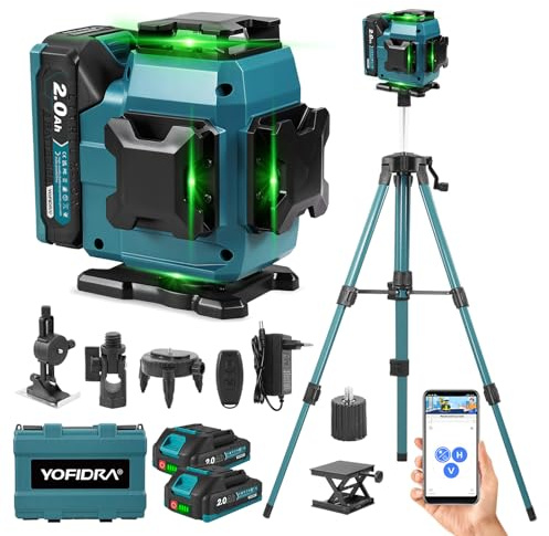 Yofidra Kreuzlinienlaser mit Stativ - 4 x 360°16 Linien Grün Laser Wasserwaage, Selbstnivellierender Kreuzlinienlaser mit 2x2000mAh Akkus, Fernbedienung, IP54, für Bauprojekte, Renovierung