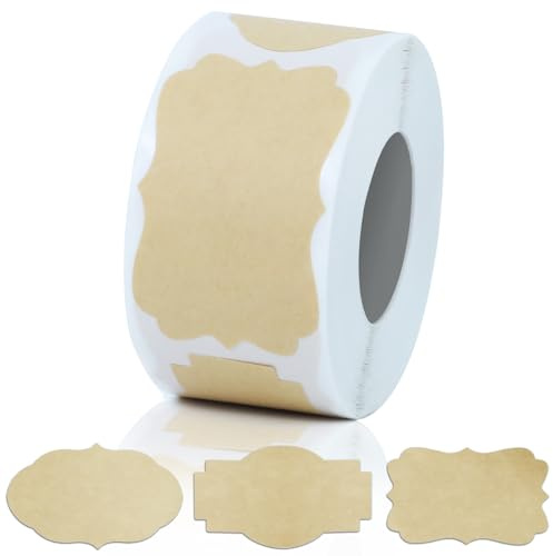 300 Pcs Kraft Labels Stickers, 1.2x2 Inch, 3 Decorative Designs, Writable for Gift Wrapping, Pantry Storage, Jars & Wedding Decor