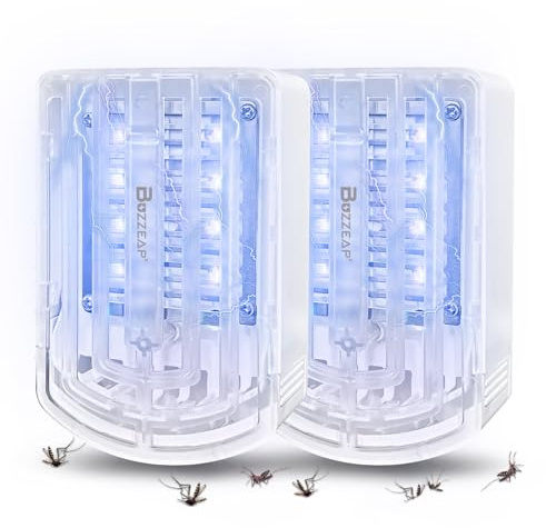 Buzzeap Lámpara Antimosquitos Electrico, 2 Piezas Mata Mosquitos con 10 LED UV, Repelente Mosquitos Interior, Trampa para Insectos Silenciosa Enchufe para Comedor, Cocina, Dormitorio (Luz Azul)