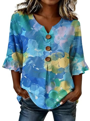 Chemise Femme Manche 3/4 Col en V Blouse Chic et Élégant Volants Chemises Lin Ete Hawaïenne Haut Coton Imprimé Plissée Shirt avec Boucle Dame Bureau Casual Tunique