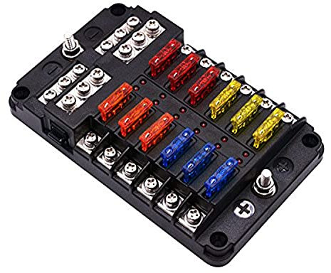 Wisamic 12 Fach Sicherungshalter, ATC/ATO Sicherungshalter mit verschiedenen Sicherungen, Erdungsklemmen, LED-Anzeige für Auto, Boot, Boot, Wohnmobil, LKW, DC 12-24V