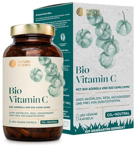 Natürliches Bio Vitamin C - 180 Kapseln hochdosiert / 160 mg Vitamin C pro Tagesdosis/Hochwertig gewonnen aus Bio Acerola & CamuCamu Pulver/Vegan, Zertifiziert & Nachhaltig im Glas