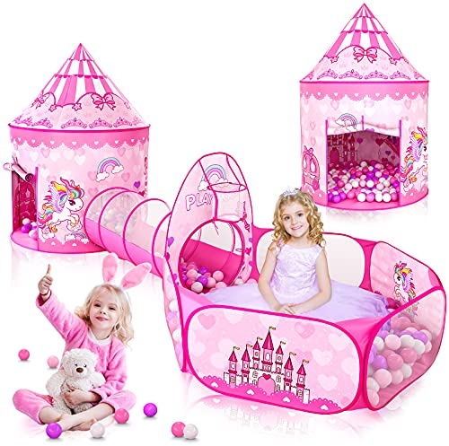 SENODEER 3PC Princess Tent for Girls with Kids Ball Pit, Kids Play Tent and Crawl Tunnel for Toddlers, Indoor Outdoor Playhouse Toys for Games