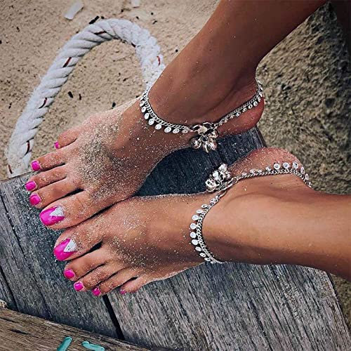 Inateannal Silver Ankle Bracelet for Women Gypsy Coin Bell Anklet Retro Summer Beach Barefoot Sandals Foot Jewelry for Teen Girls