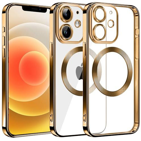 S. Dawezo Klare Magnetische Hülle für iPhone 12, kompatibel mit MagSafe Kabelloses Laden, Militärnorm Schutz, Kratzfest, Stoßfest, Schlanke Transparente Silikonhülle für iPhone 12 Hülle, Gold