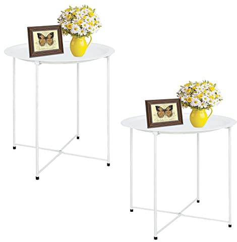 Garden 4 you End Table Metal Side Table Round Folding Tray Cyan Sofa Small Accent Fold-able Table, Round End Table Tray, Next to Sofa Table, Snack Table for Living Room and Bed Room,White