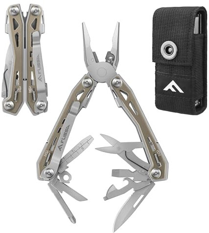 FLISSA Multifunktionszange 16-in-1, Faltbare Multitool Werkzeug Edelstahl Multifunktionswerkzeug mit Messer, Schere, Feile, Flaschenöffner für Camping, Outdoor, Reparieren, mit Tragtasche, Mattbraun