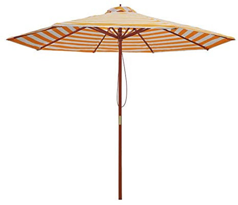 TEmkin Patio Umbrellas Gestreifter Strandschirm 2,7 m, runder Garten-Sonnenschirm für den Außenbereich mit 8 Rippen und Holzstangen, für Terrasse/Pool/Veranda, Gelb und Weiß